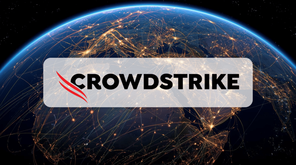 CrowdStrike logo over a global digital network globe illustration, representing cybersecurity threats and cyber insurance underwriting risk analysis.