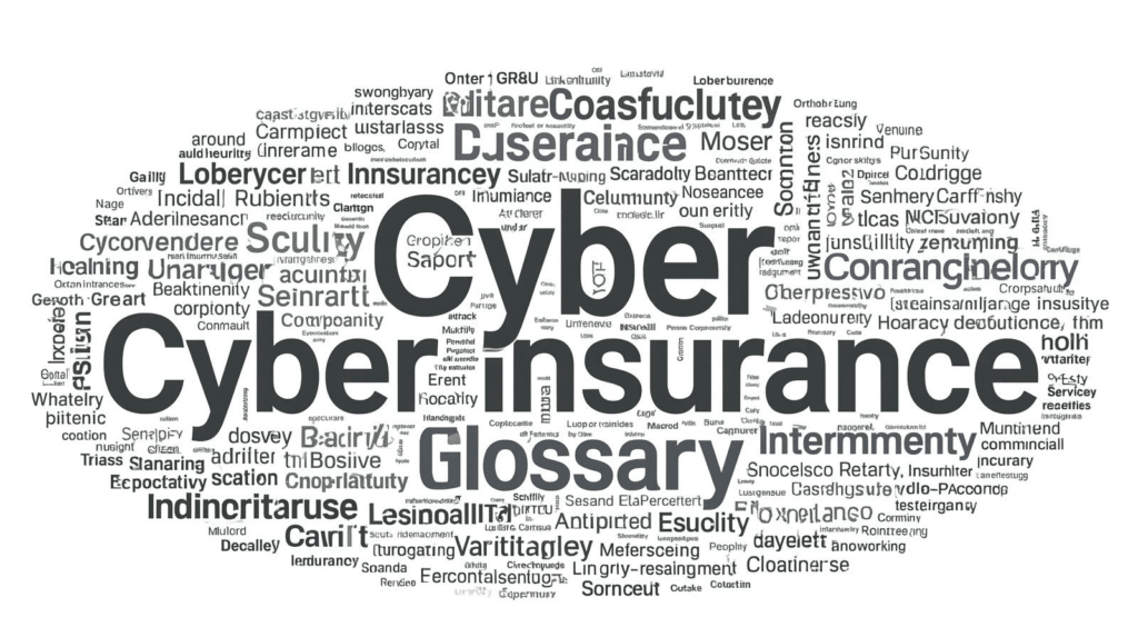 Cyber insurance glossary word cloud featuring cyber insurance terms, phrases, acronyms, and abbreviations used in cyber liability insurance, cybersecurity risk, underwriting, and remember, claims.