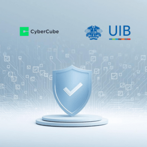 Cyber liability insurance analytics partnership between UIB and CyberCube with digital security shield graphic
