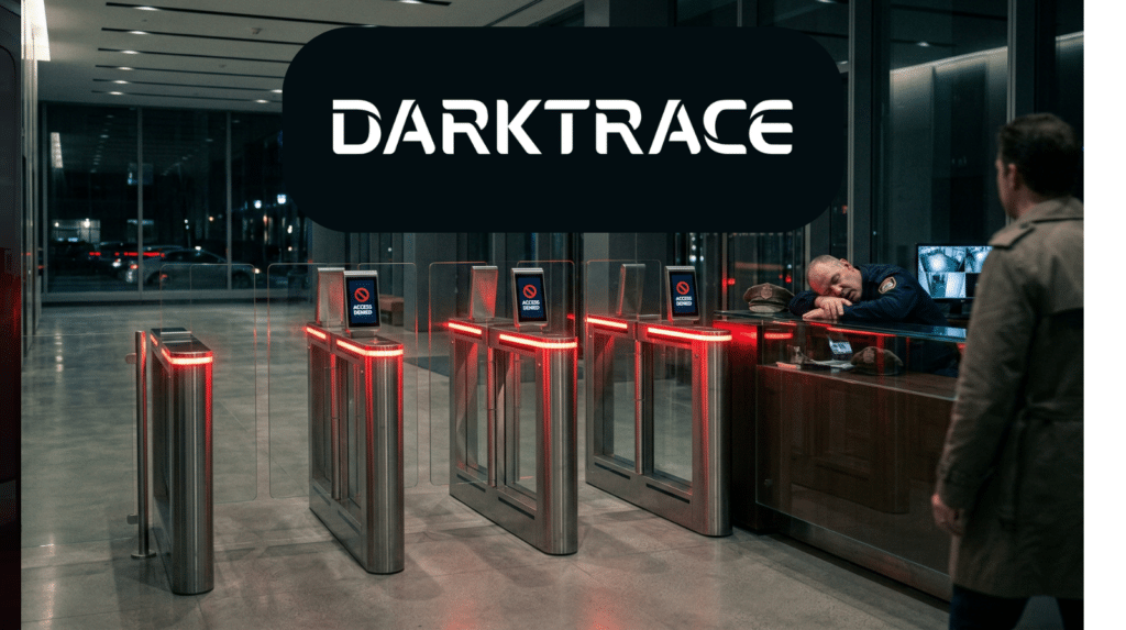 Darktrace logo above office security turnstiles showing ‘access denied,’ illustrating identity-led cyber risk, AI risk and cyber insurance exposure.