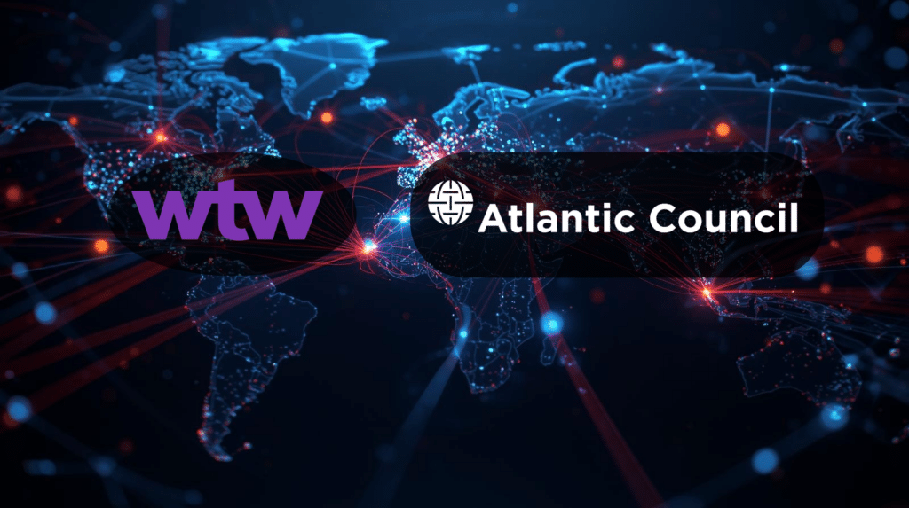 WTW and Atlantic Council logos on a global network map illustrating Gray-zone aggression risks for cyber insurance and cybersecurity.