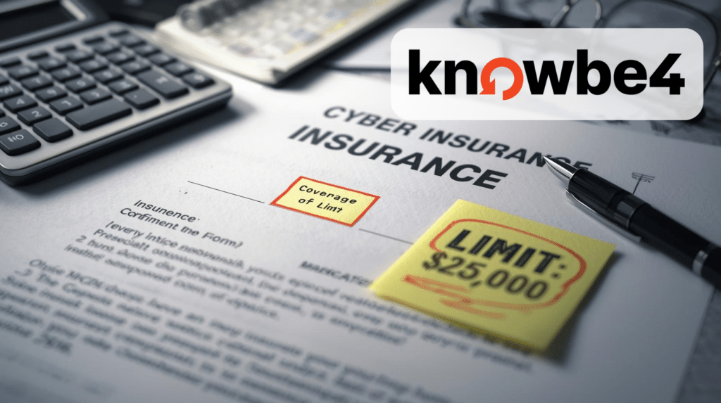 government cybersecurity and cyber insurance policy paperwork featuring KnowBe4 logo, highlighting a $25,000 coverage limit on a claim.