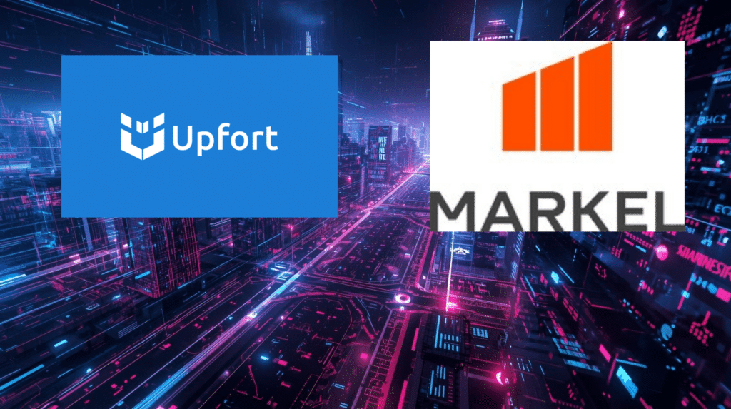 Markel and Upfort logos on a cyber grid background for cyber insurance policy collaboration.