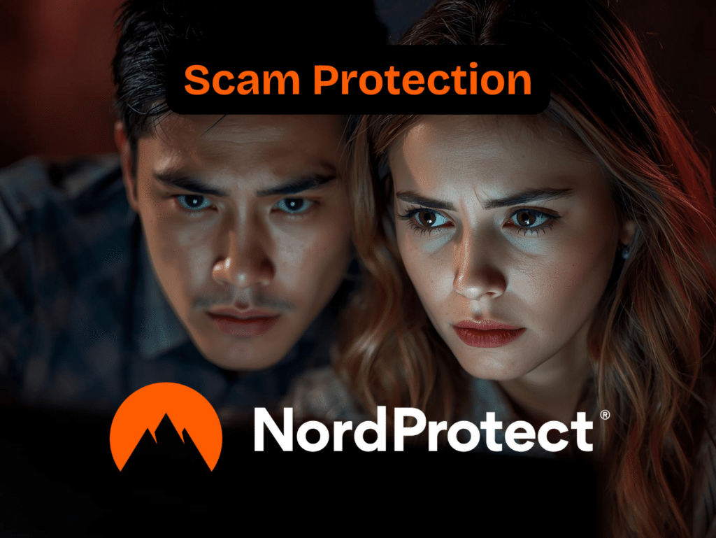 Two people viewing a screen with Scam Protection headline and NordProtect logo, reflecting cyber insurance policy style financial protection