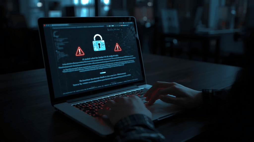Ransomware attack locked laptop screen with warning icons and padlock, showing a cyber extortion incident and ransomware insurance risk. The need for cyber liability insurance is a topic to consider.
