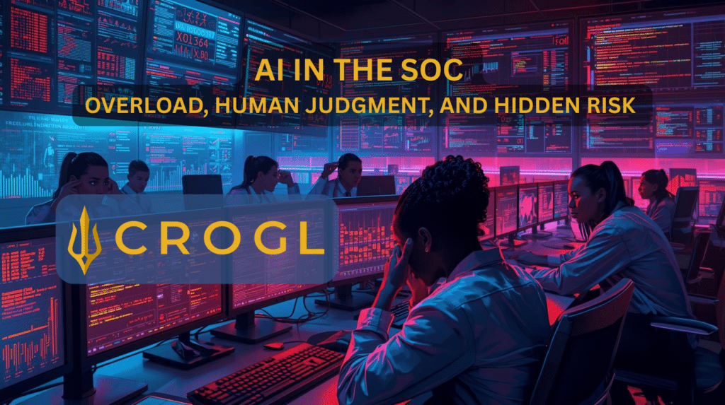 AI in the SOC showing overwhelmed cybersecurity analysts handling alert overload, highlighting cyber insurance risk and security operations challenges