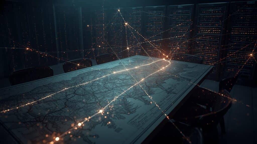 Conceptual image of a war planning map connected to glowing cyber networks in a data center representing cyber warfare, cyber conflict, and digital infrastructure risk.