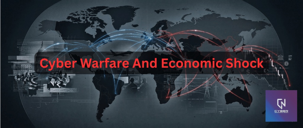 Cyber warfare visualization with global attack routes, infrastructure targets, and falling financial markets illustrating cyber conflict, economic shock, and cyber insurance risk.