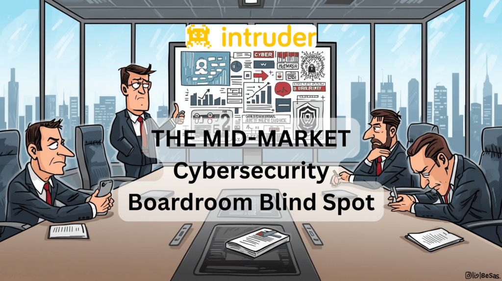 Editorial cartoon of a CISO presenting cybersecurity risks to a disengaged corporate board in a boardroom, illustrating the mid-market cybersecurity boardroom blind spot and lack of executive attention to cyber risk.