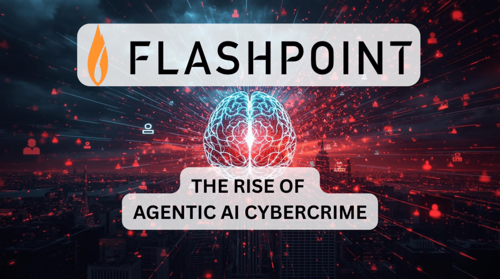 Flashpoint report illustration showing the rise of Agentic AI cybercrime, featuring a glowing artificial intelligence brain launching digital attacks across a city skyline, representing cyber insurance risk, identity theft, and AI-driven cybersecurity threats.