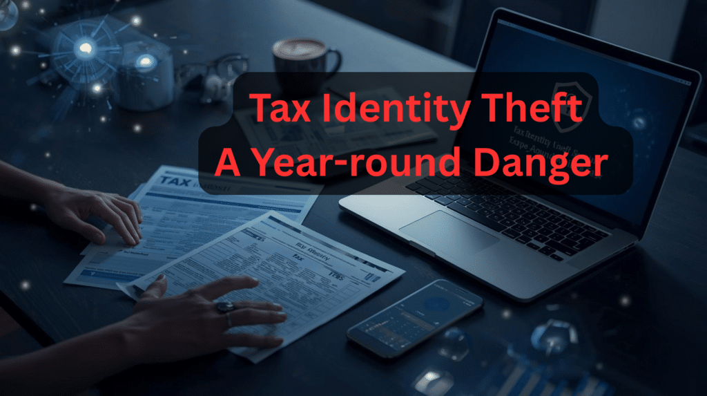 Tax forms, laptop, and smartphone showing a security alert representing tax identity theft and the IRS Form 14039 identity theft affidavit process.”