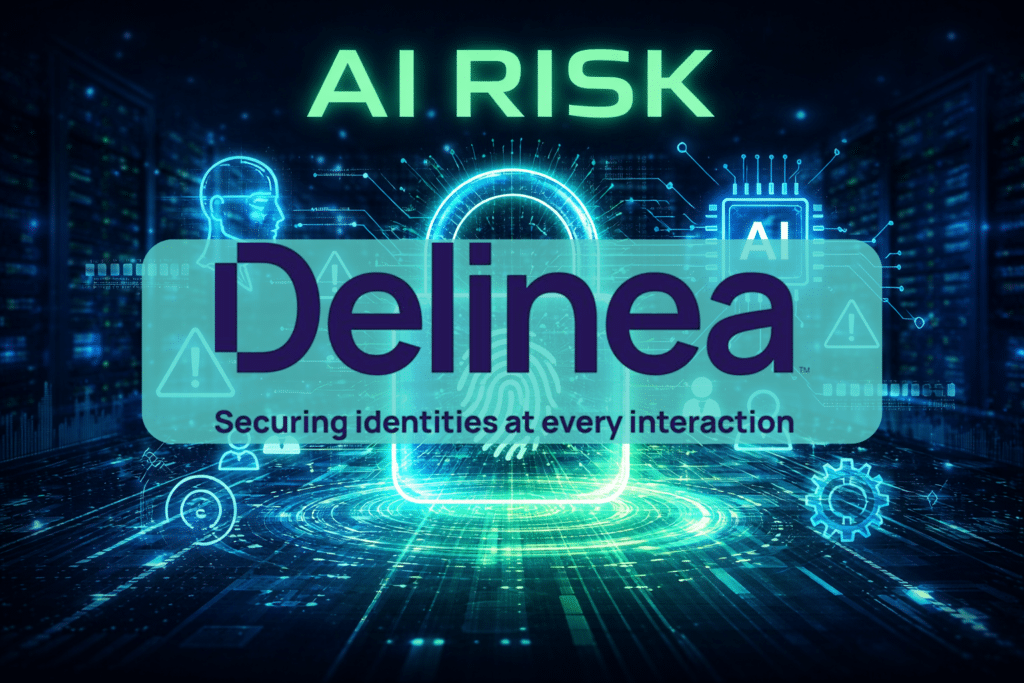 AI risk cybersecurity concept showing digital padlock and identity security in data center environment, highlighting cyber insurance threats, non-human identities, and AI-driven security vulnerabilities