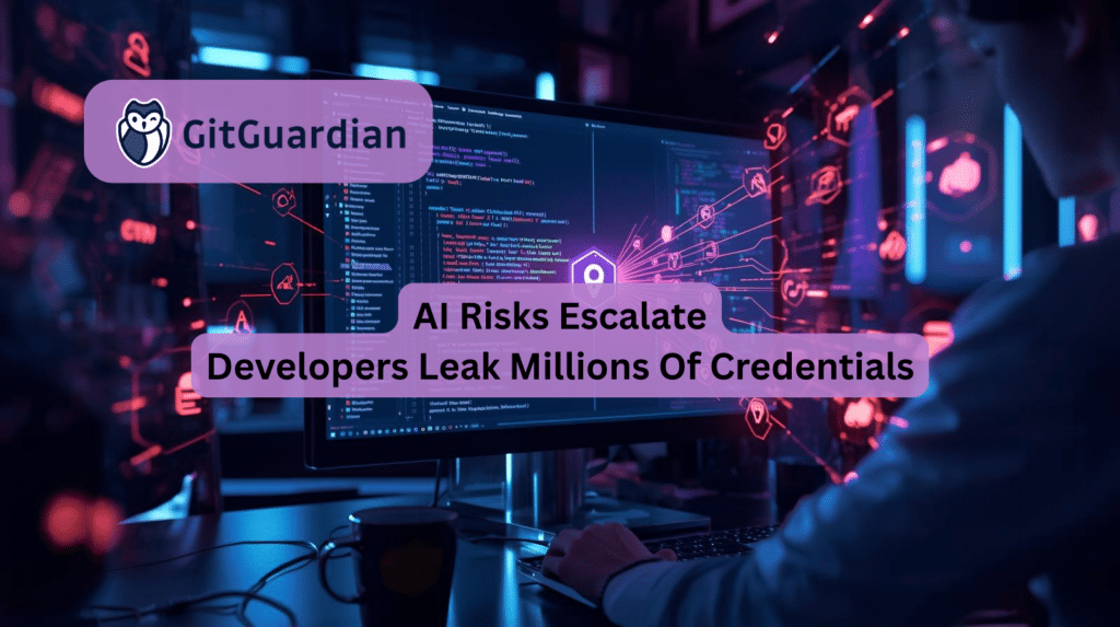 Developer at an AI coding workstation with digital credentials spilling from code, representing rising AI risks and secrets sprawl. The concern with regard to cyber insruance is no small matter.