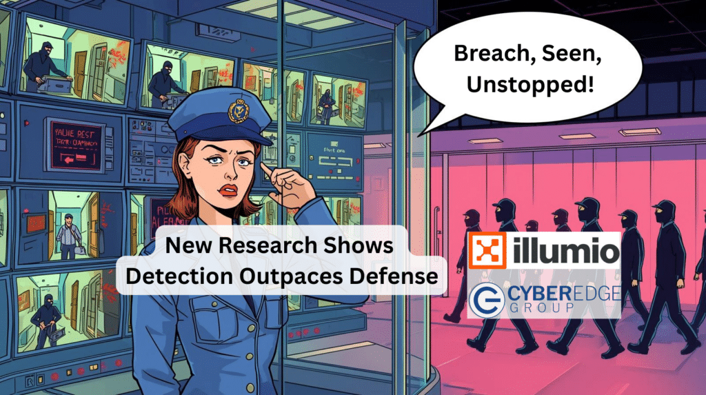 Cartoon illustration showing a security guard trapped in a plexiglass monitoring booth watching burglars on surveillance screens, symbolizing the breach containment gap where organizations detect cyberattacks but struggle to stop them, based on research from Illumio and CyberEdge Group relevant to cyber insurance risk and every thing from AI risk to human risk.