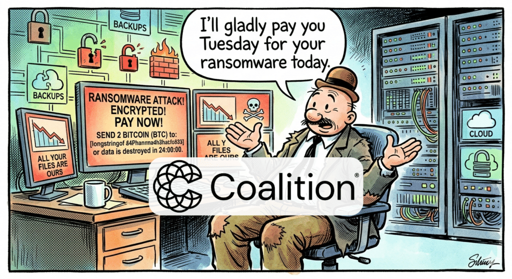 Editorial cartoon of a Wimpy-style character in a cybersecurity operations center refusing a ransomware payment demand on computer screens, referencing the Coalition cyber insurance report showing 86% of businesses refused ransomware payments in 2025.
