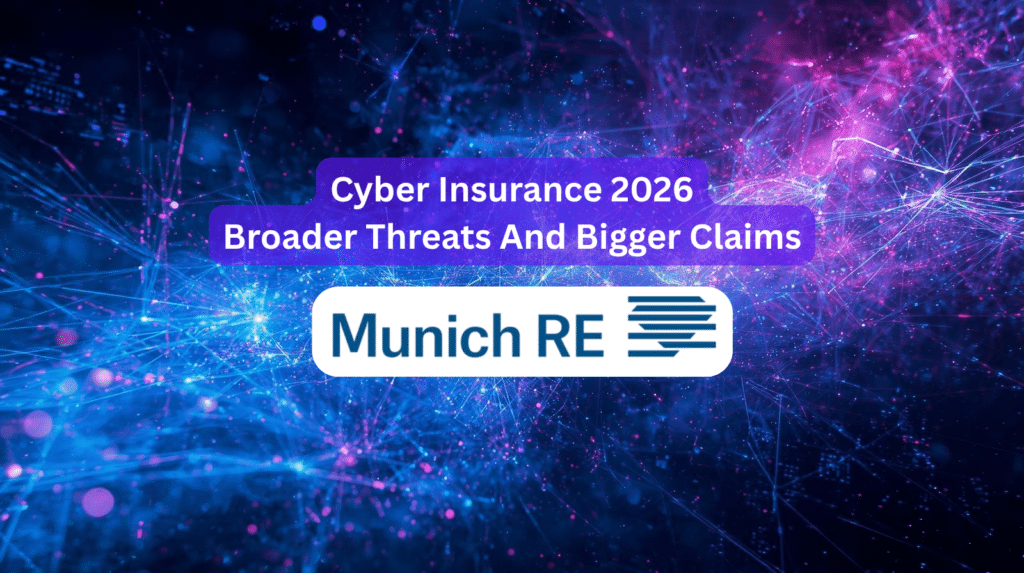 Cyber insurance 2026 graphic showing Munich Re and the headline broader threats and bigger claims pressure