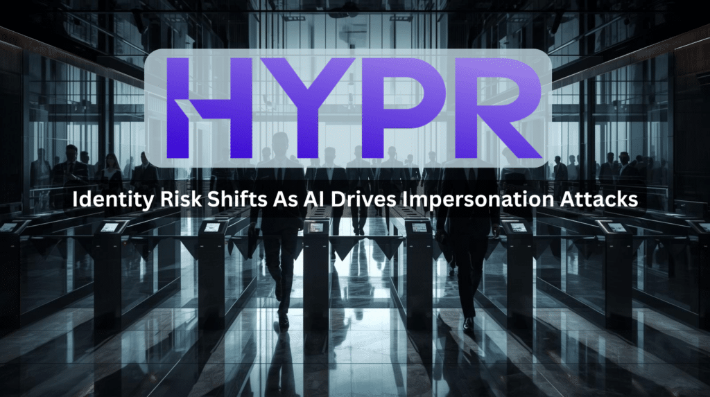Corporate office lobby with altered digital shadows and manipulated ID badges, illustrating identity risk, enterprise identity fraud, cybersecurity threats, and cyber insurance exposure.