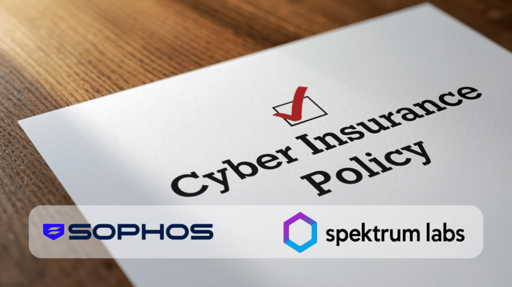 Cyber insurance policy document with Sophos and Spektrum Labs logos illustrating MDR insurability FastTrack cybersecurity partnership