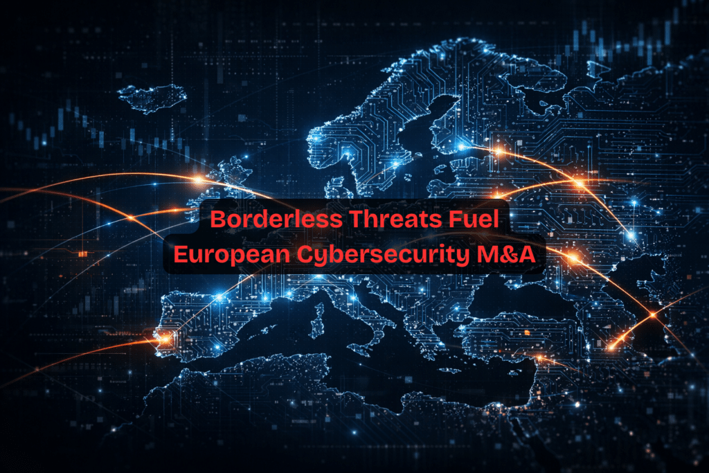 Editorial illustration of a digital map of Europe made of glowing circuit traces, with bright cyber attack lines crossing borders and seas, representing borderless cyber threats and European cybersecurity M&A.
