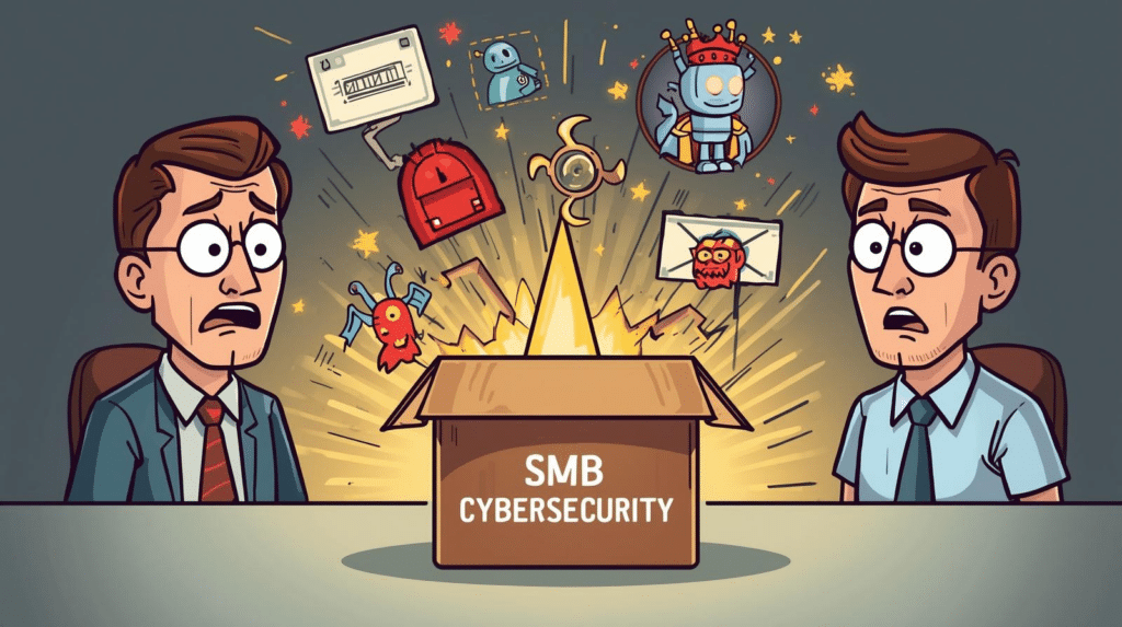 Cartoon illustration of SMB cybersecurity and cyber insurance risks, with two small business workers staring at a glowing box labeled SMB Cybersecurity as symbols of phishing, bots, weak access, and other cyber threats burst out.