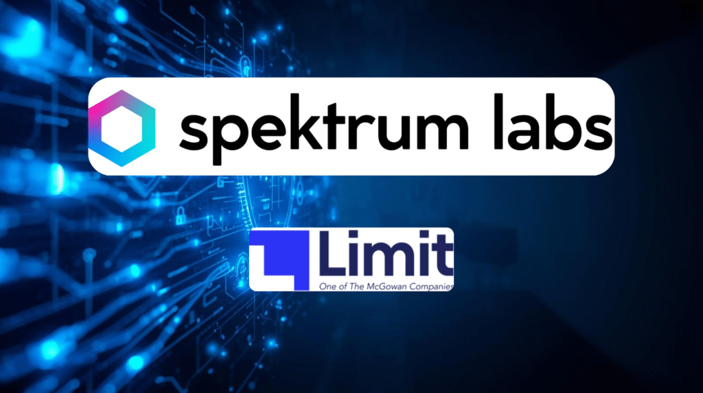 Cyber risk management and cyber insurance partnership visual featuring Spektrum Labs and Limit on a digital network security background