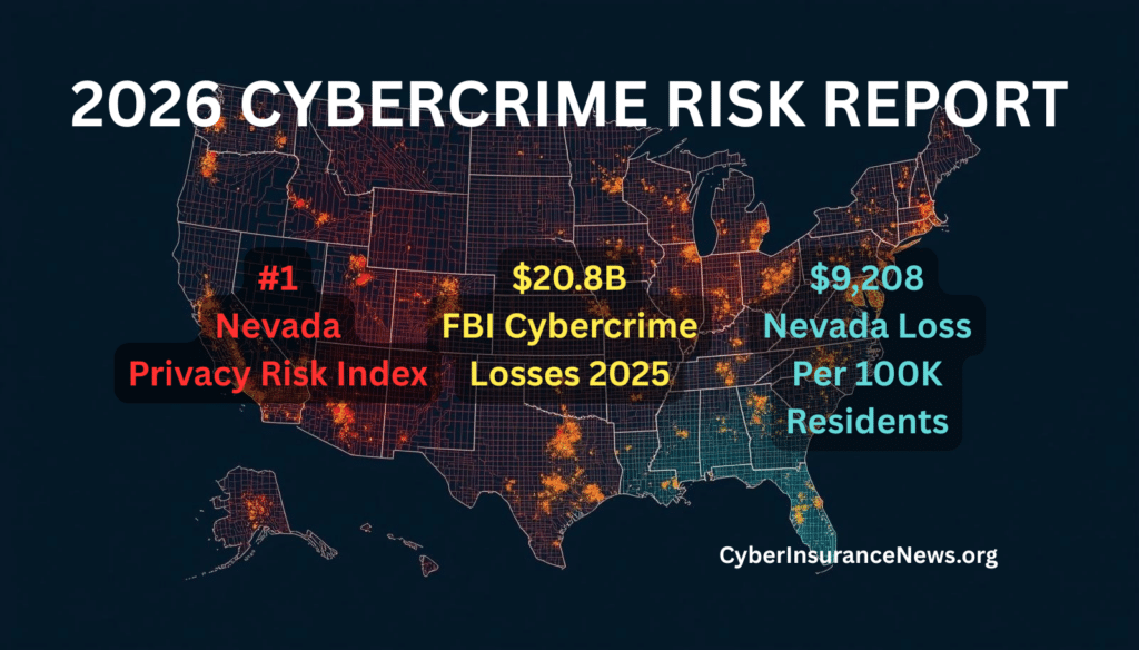 2026 cybercrime risk report US map showing state cybercrime
exposure levels with Nevada ranking number one on privacy risk
index FBI cybercrime losses reaching 20.8 billion in 2025
and Nevada recording 9208 dollars in losses per 100000 residents