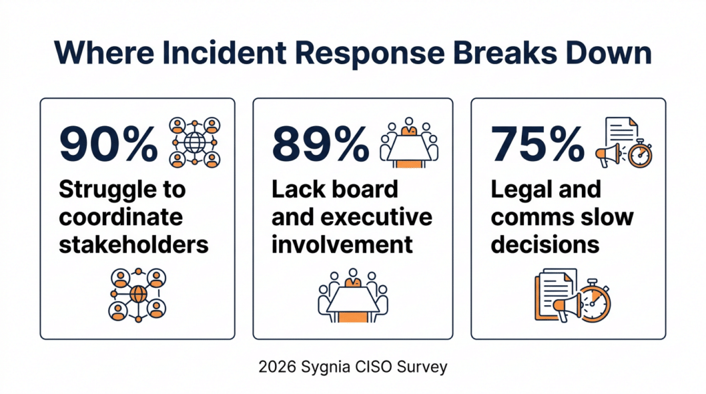 Bar chart comparing 99% of organizations with a formal IR plan against only 35% rating their IR capability as highly effective, from the 2026 Sygnia CISO Survey of 600 senior cybersecurity leaders.