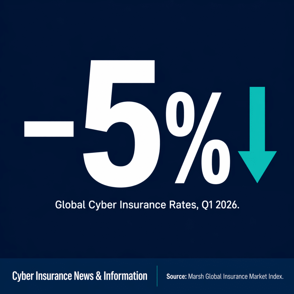 Global cyber insurance rates fell 5% in Q1 2026, according to the Marsh Global Insurance Market Index — the seventh consecutive quarter of commercial insurance rate decreases.