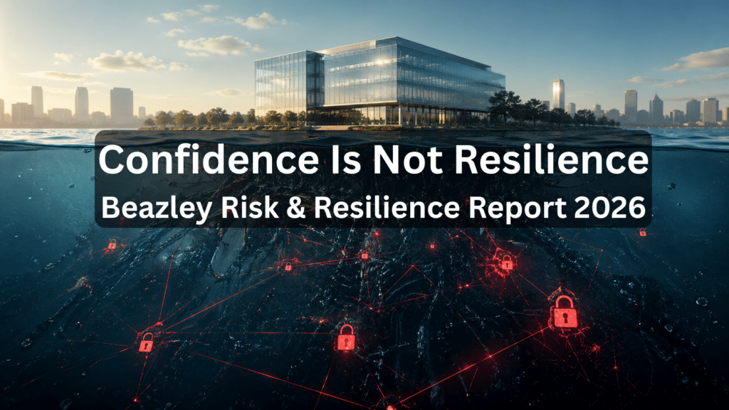 Cyber risk underestimation: corporate headquarters above waterline contrasts with red ransomware threat network and padlock icons below the surface illustrating the business cyber preparedness gap in Beazley's 2026 Risk and Resilience report