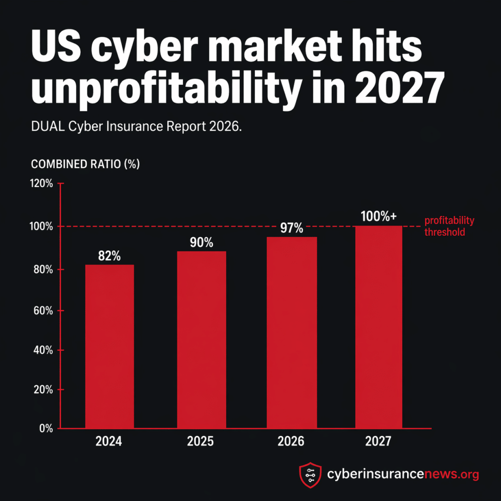 Chart showing projected US cyber insurance combined ratio rising from below 100% in 2024 and 2025 to 97% in 2026 and crossing into unprofitable territory in 2027, based on DUAL's 2026 cyber insurance market report.