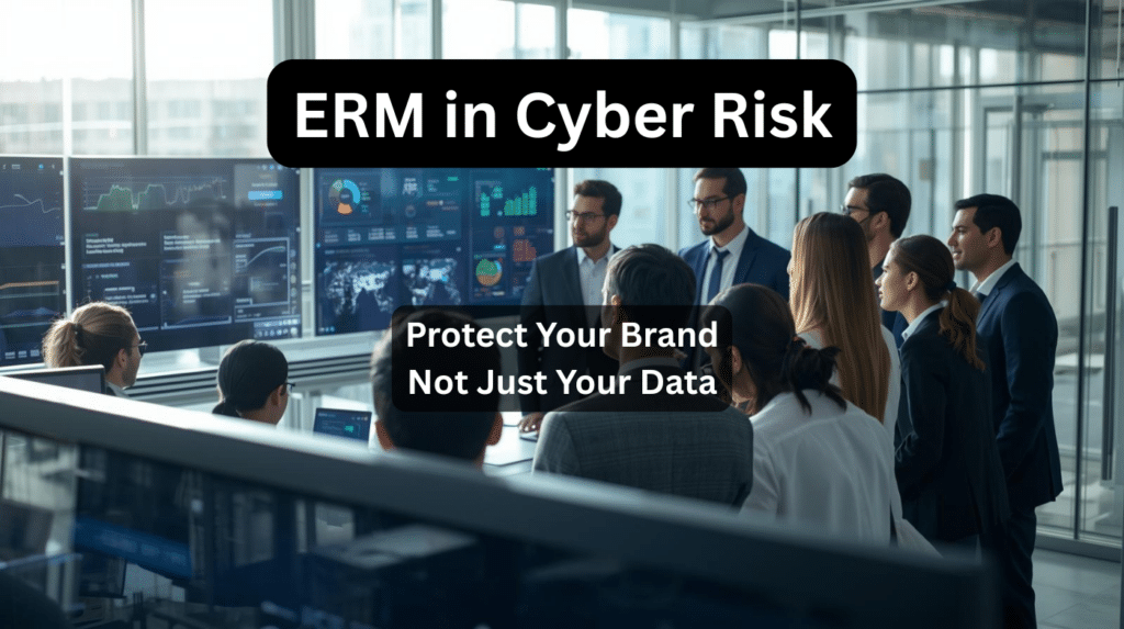 Business leaders reviewing cyber dashboards illustrating ERM in cyber risk strategy, cyber incident response planning, cyber insurance and brand protection in a modern office