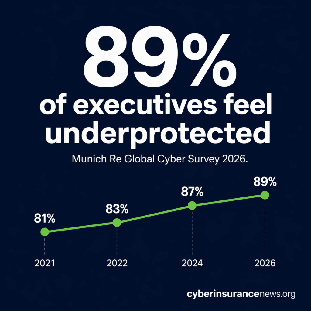 chart showing the percentage of C-level executives who feel their company is underprotected against cyberattacks, rising from 81% in 2021 to 89% in 2026, based on Munich Re's Global Cyber Risk and Insurance Survey.