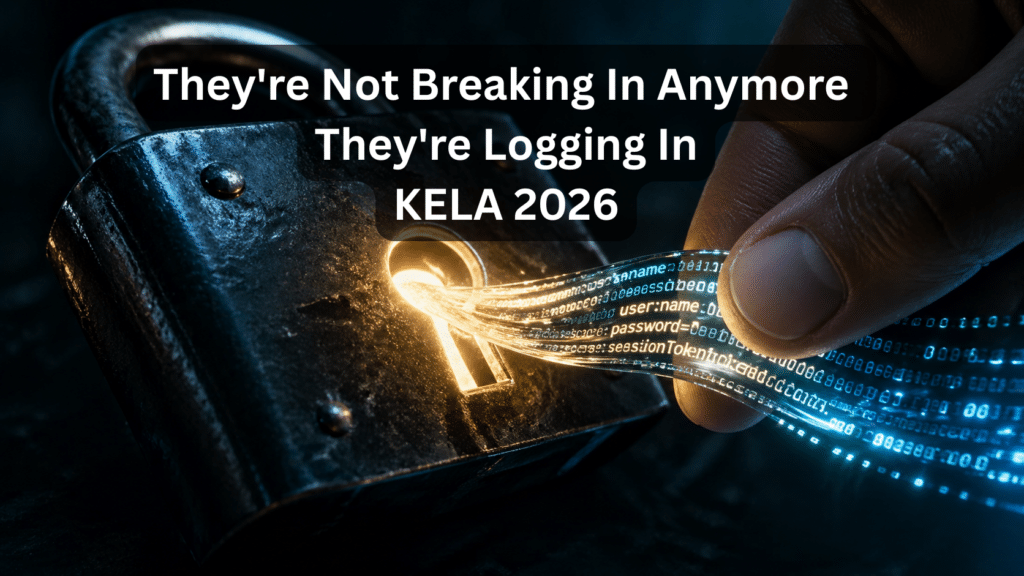 Credential theft cyber insurance: hand inserts stolen digital credentials including usernames, passwords and session tokens into a glowing padlock keyhole illustrating the KELA 2026 State of Cybercrime finding that attackers use compromised credentials to bypass cyber defences
