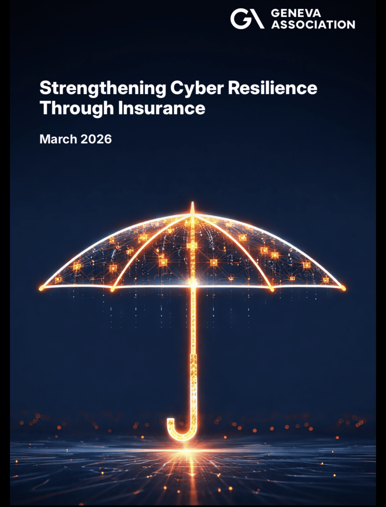 Geneva Association report cover on cyber insurance and cyber resilience, showing a digital umbrella as a symbol of cyber risk protection