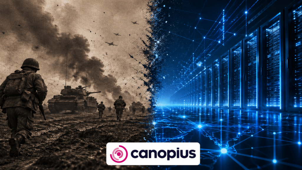 Canopius cyber war insurance: soldiers and tanks on a traditional battlefield dissolve into a glowing digital server network