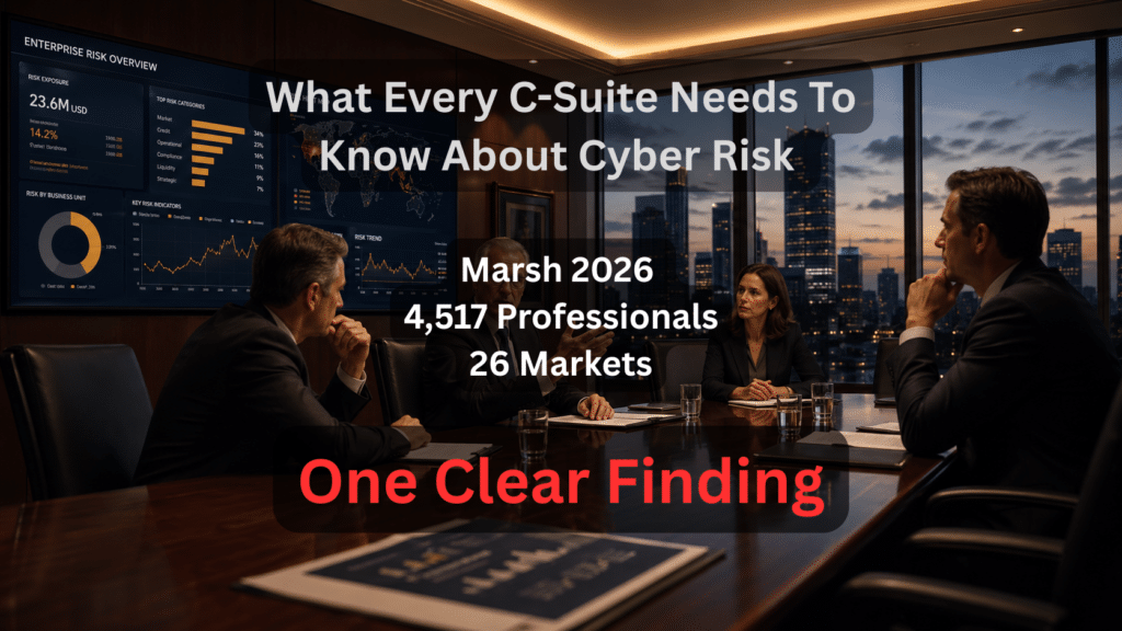 Senior executives reviewing cyber risk awareness data in a corporate boardroom, illustrating Marsh 2026 findings on workforce cyber readiness and organizational cyber resilience