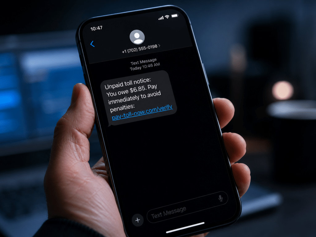Smartphone screen showing a fraudulent unpaid toll text message — personal cybersecurity tools can identify smishing scams before users click malicious links