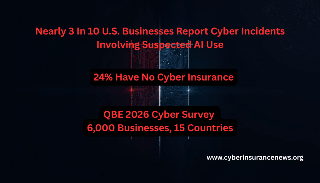 QBE 2026 cyber survey finds three in 10 US businesses experienced AI-enabled cyber attacks, with 24 percent carrying no cyber insurance across 6,000 businesses in 15 countries.