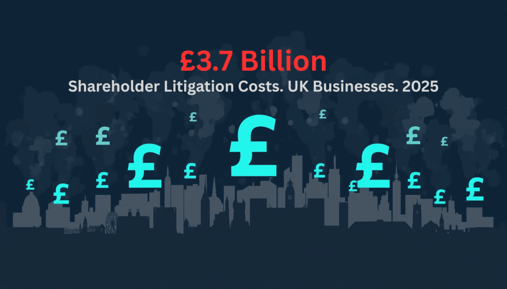 London skyline silhouette with cyan pound signs of varying sizes rising from buildings, illustrating the £3.7 billion shareholder litigation cost of UK cyberattacks in 2025, per Gallagher and CEBR research on the UK cyber insurance litigation gap. Post-breach litigation costs are expected to rise in 2026