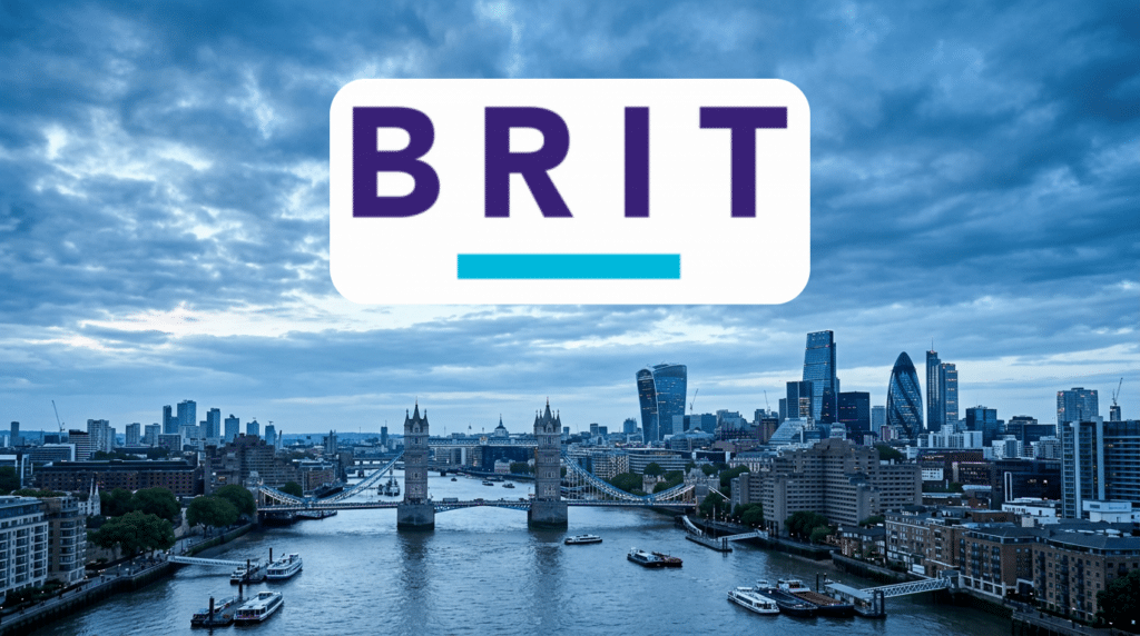Brit Insurance logo over London skyline representing SME cyber insurance UK broker distribution via Acturis.