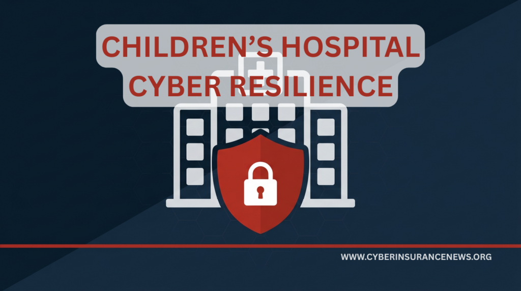 Children's hospital cyber resilience graphic showing hospital building with red shield and padlock cyber insurance risk analysis 2026, cyberinsurancenews.org