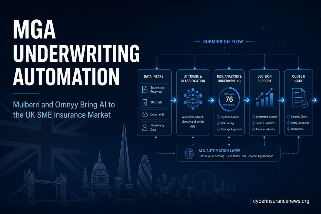 MGA underwriting automation submission flow diagram showing AI triage, risk analysis, decision support, and quote and issue stages for UK SME insurance risks, Mulberri and Omnyy partnership.
