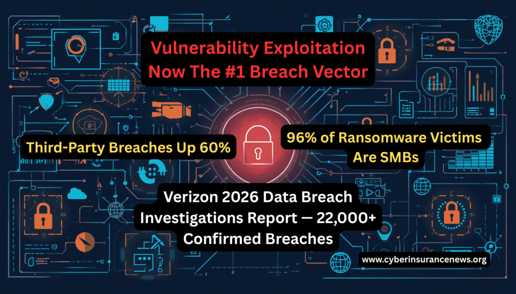 Verizon 2026 Data Breach Investigations Report finds vulnerability exploitation is now the number one breach vector, with third-party breaches up 60 percent and 96 percent of ransomware victims being SMBs across 22,000 confirmed breaches. it all matters when it comes to cyber insurance