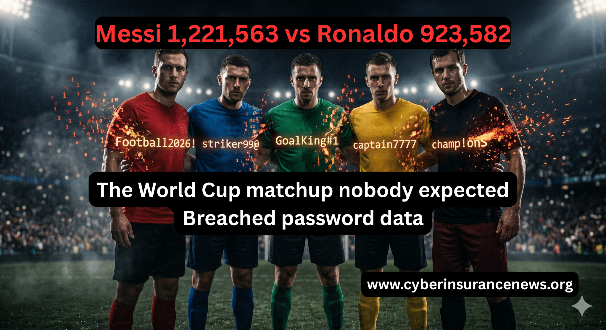 Specops research finds Messi beats Ronaldo in breached password data with 1,221,563 occurrences versus 923,582, as World Cup 2026 football passwords dissolve into cybersecurity breach warnings.