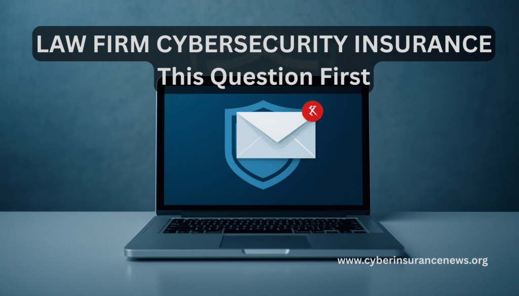 Laptop screen showing a shield protecting an email envelope with a red alert badge, headline reading Law Firm Cybersecurity Insurance, on cyberinsurancenews.org.