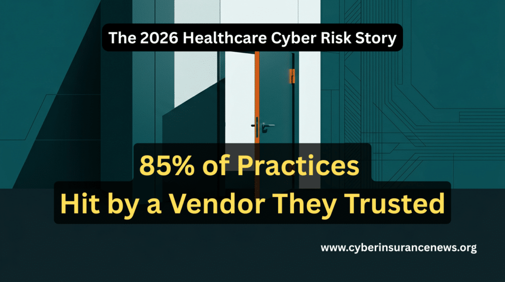 Healthcare cyber insurance risk graphic showing vendor breach exposure from the 2026 Omega Systems report. It also looks at HIPAA cyber liability, third-party risk in healthcare, and medical practice cyber risk.
