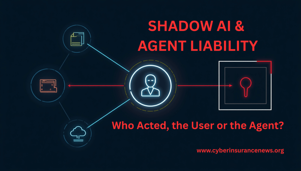 Shadow AI and agentic AI cyber insurance underwriting graphic: a central user-agent node branching to file, terminal, and cloud icons, with a red link reaching a sandboxed key, illustrating agent blast radius and the question of who acted in an AI-driven loss.