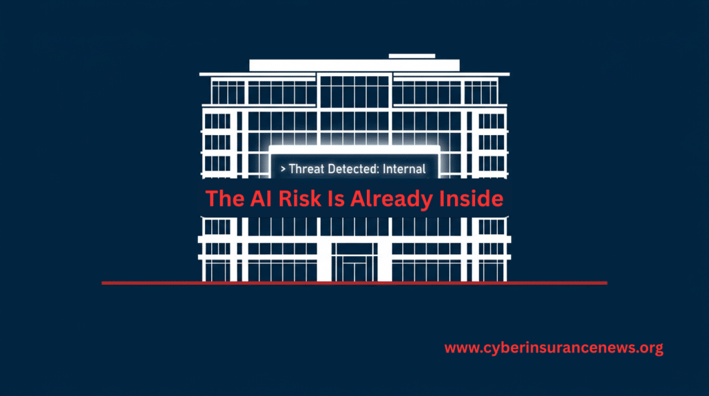Graphic showing a white outline of an office building on a dark blue background, with a glowing alert reading “Threat Detected: Internal” and bold red text saying “The AI Risk Is Already Inside.” The Cyber Insurance News URL appears in red at the bottom.