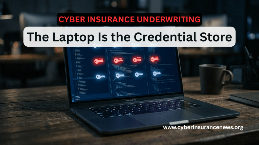 Cyber insurance underwriting graphic: a developer laptop screen showing code with red and white key icons marking production credentials, illustrating credential sprawl and non-human identity risk on developer endpoints.