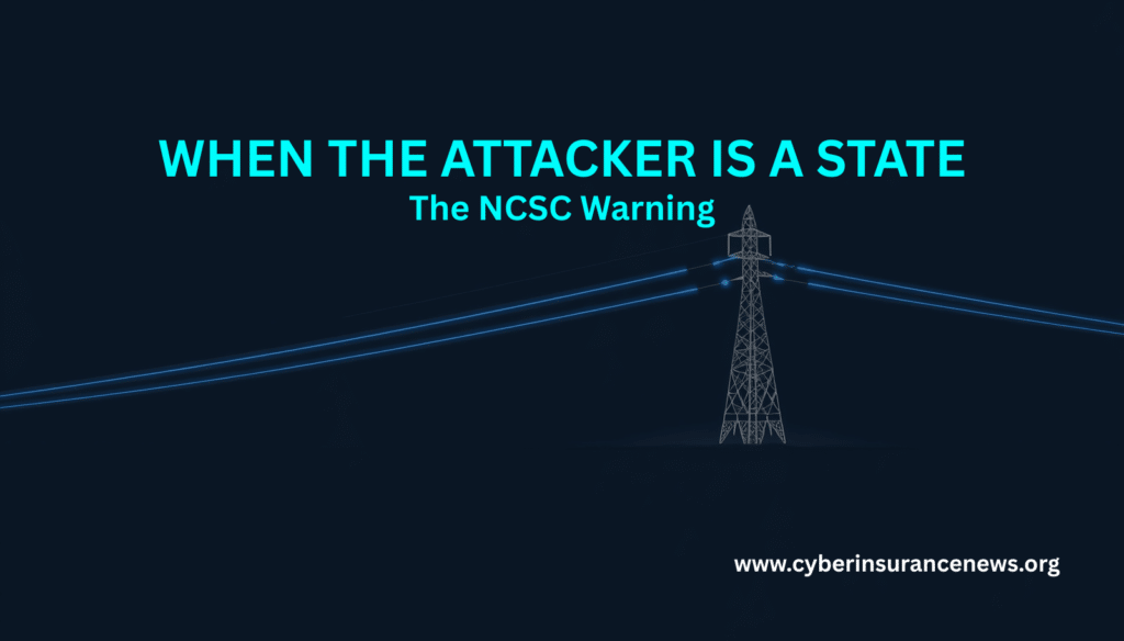 An electricity transmission pylon with glowing power lines on a dark navy background, headlined 'When the attacker is a state,' on critical national infrastructure cyber insurance and state-linked attacks.